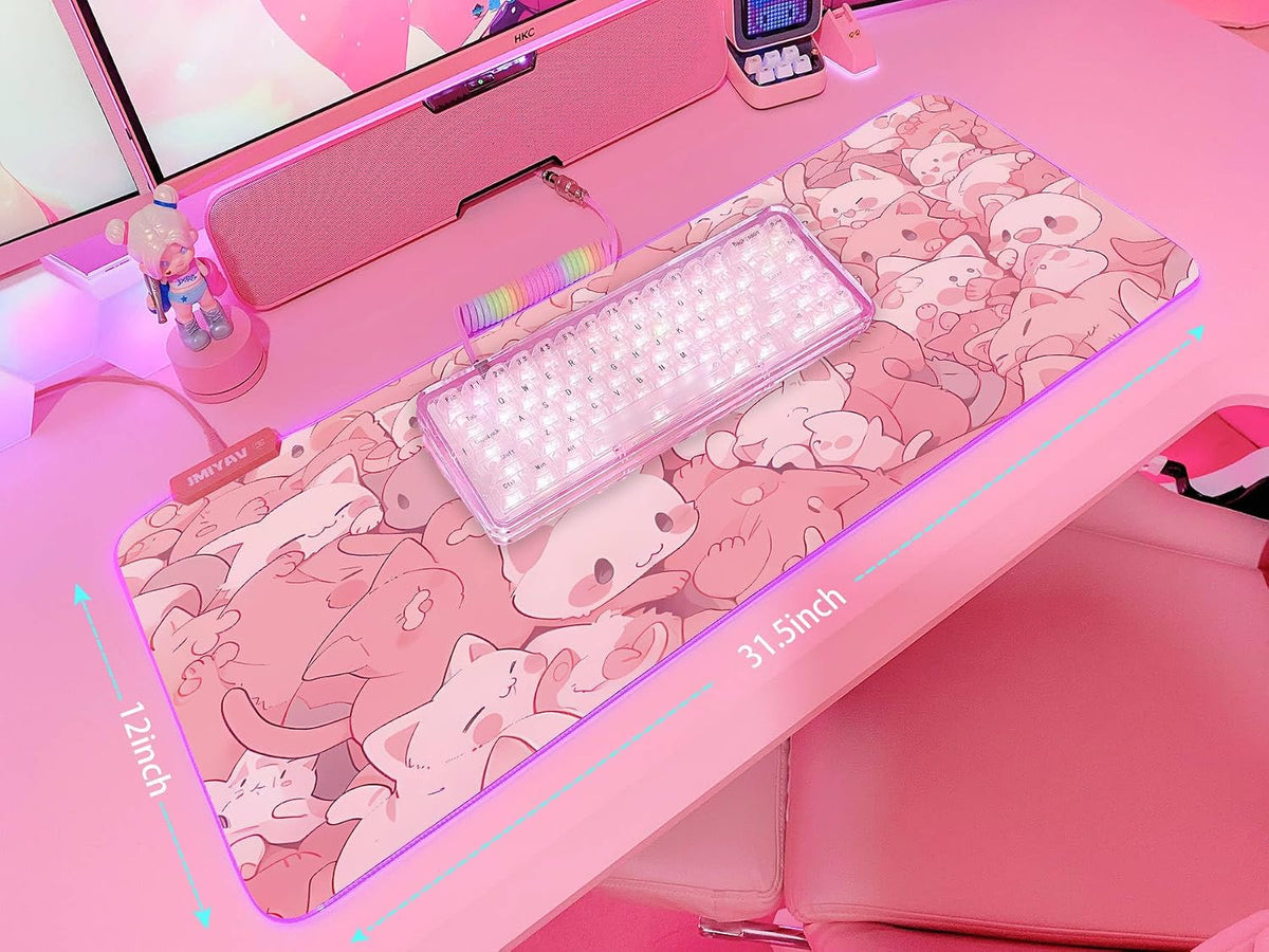 Pink RGB Gaming Mouse Pad 31.5x12 Inch PC XL Large Extended Glowing Led Light Up Desk Pad Non-Slip Rubber Base Computer Cute Mousepad Mat Desk Accessories Gaming Setup Dreamy Cats
