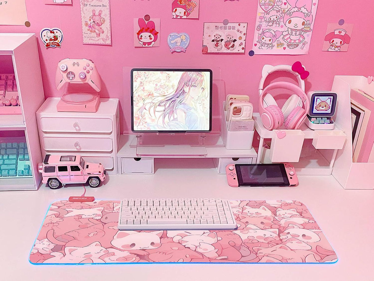 Pink RGB Gaming Mouse Pad 31.5x12 Inch PC XL Large Extended Glowing Led Light Up Desk Pad Non-Slip Rubber Base Computer Cute Mousepad Mat Desk Accessories Gaming Setup Dreamy Cats