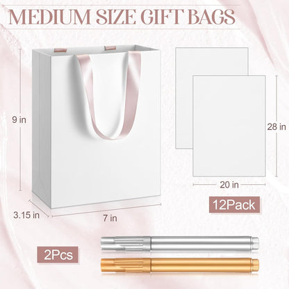 Yeaqee 24 Pcs 12 Sets Wedding Gift Bags with Metallic Markers Tissue Paper, 9 x 7 x 3.15 Personalized DIY Ribbon Handle Gift Bags for Valentines Birthday Shopping Bridal Baby Shower(White, Rose)