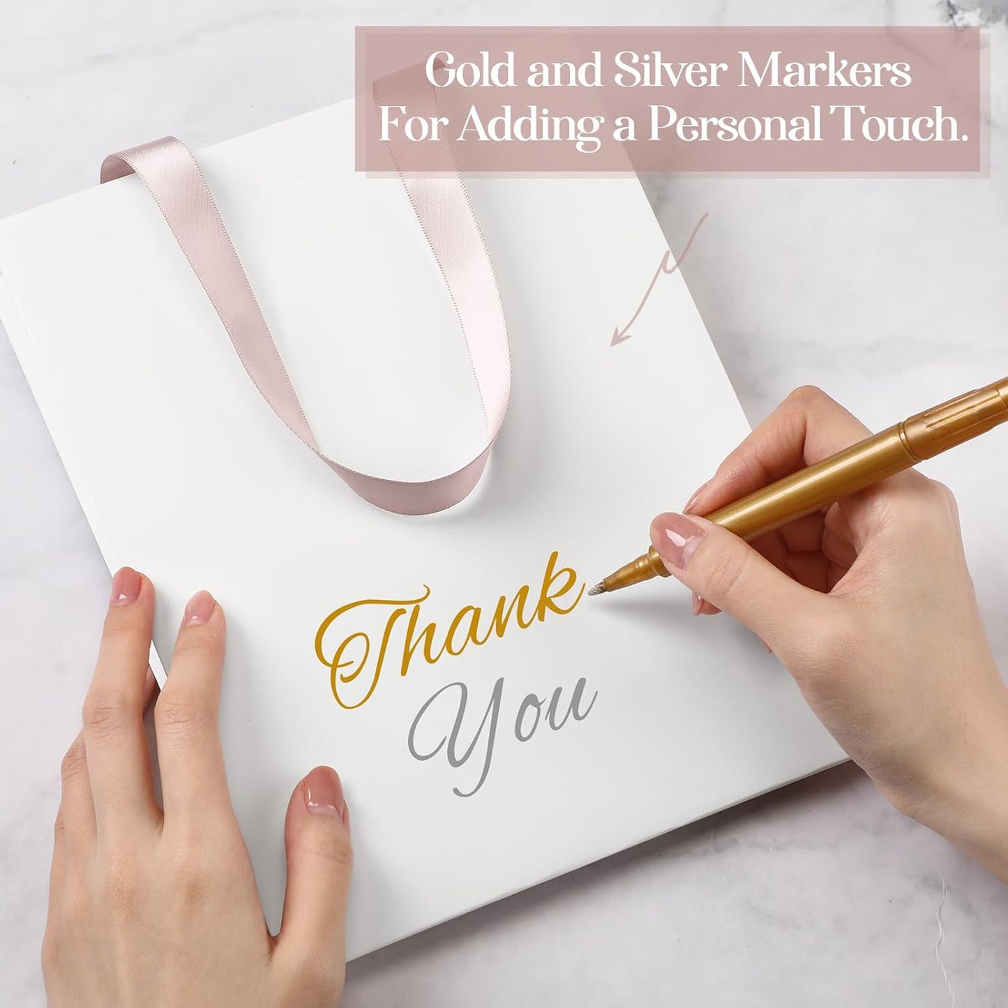 Yeaqee 24 Pcs 12 Sets Wedding Gift Bags with Metallic Markers Tissue Paper, 9 x 7 x 3.15 Personalized DIY Ribbon Handle Gift Bags for Valentines Birthday Shopping Bridal Baby Shower(White, Rose)