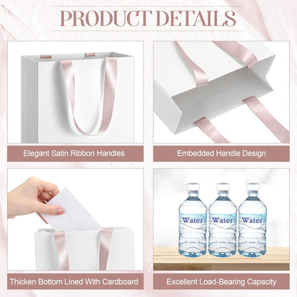 Yeaqee 24 Pcs 12 Sets Wedding Gift Bags with Metallic Markers Tissue Paper, 9 x 7 x 3.15 Personalized DIY Ribbon Handle Gift Bags for Valentines Birthday Shopping Bridal Baby Shower(White, Rose)