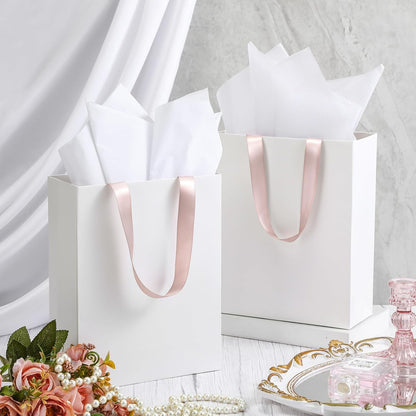 Yeaqee 24 Pcs 12 Sets Wedding Gift Bags with Metallic Markers Tissue Paper, 9 x 7 x 3.15 Personalized DIY Ribbon Handle Gift Bags for Valentines Birthday Shopping Bridal Baby Shower(White, Rose)