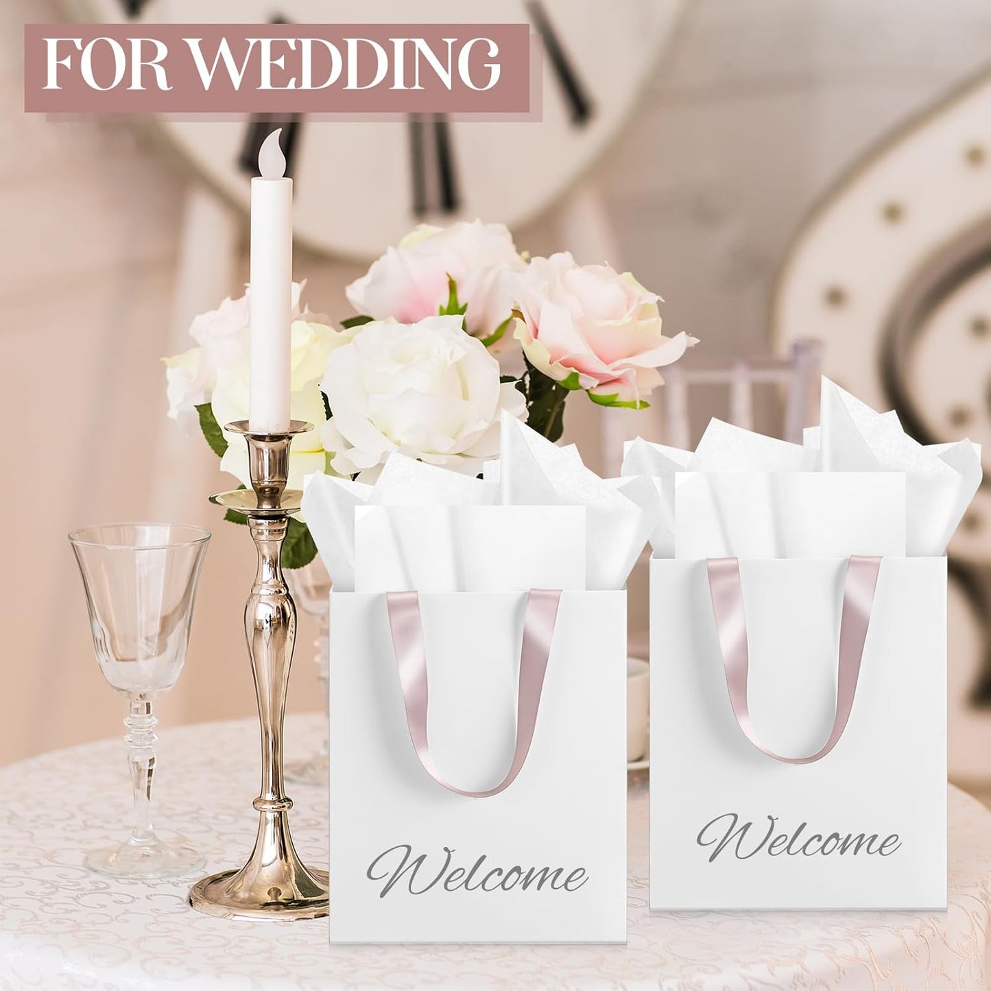 Yeaqee 24 Pcs 12 Sets Wedding Gift Bags with Metallic Markers Tissue Paper, 9 x 7 x 3.15 Personalized DIY Ribbon Handle Gift Bags for Valentines Birthday Shopping Bridal Baby Shower(White, Rose)