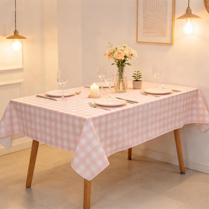 Gingham Vinyl Tablecloth with Flannel Backing, Waterproof Round Table Cloth, Wipeable Plastic Buffalo Plaid Table Cover for Kitchen Dining, Camping,Indoor and Outdoor(60", Pink and White)