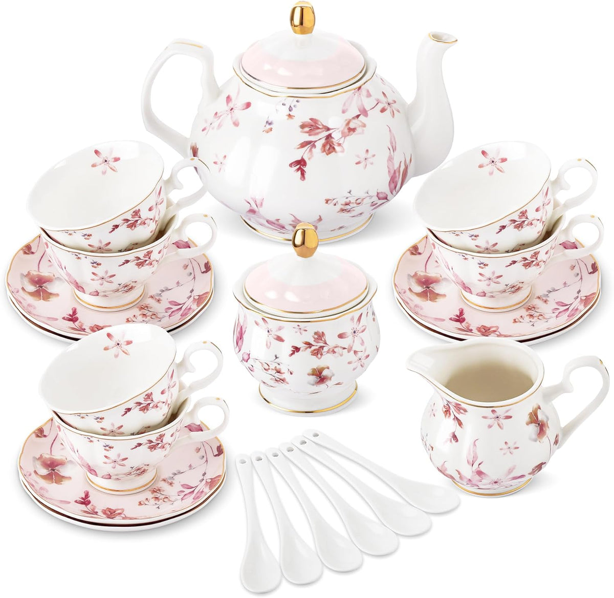 21 Pieces British Pink Autumn Leaves Floral Porcelain Tea Set