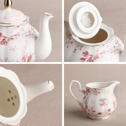 21 Pieces British Pink Autumn Leaves Floral Porcelain Tea Set