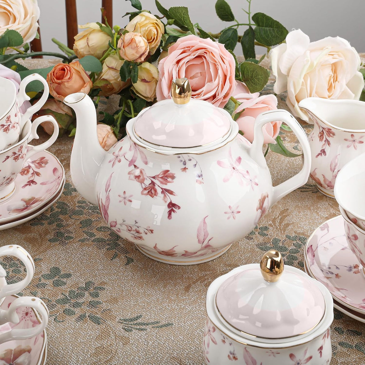 21 Pieces British Pink Autumn Leaves Floral Porcelain Tea Set