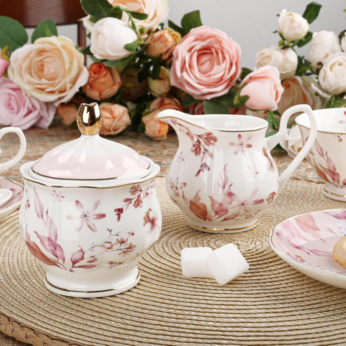 21 Pieces British Pink Autumn Leaves Floral Porcelain Tea Set
