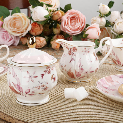21 Pieces British Pink Autumn Leaves Floral Porcelain Tea Set