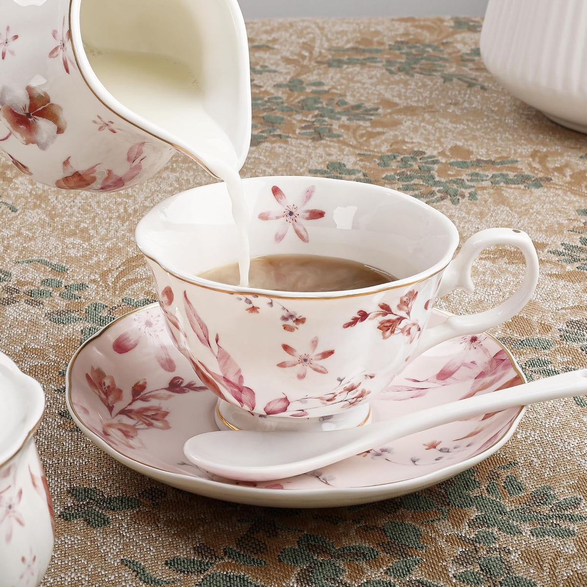 21 Pieces British Pink Autumn Leaves Floral Porcelain Tea Set