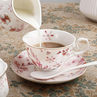 21 Pieces British Pink Autumn Leaves Floral Porcelain Tea Set