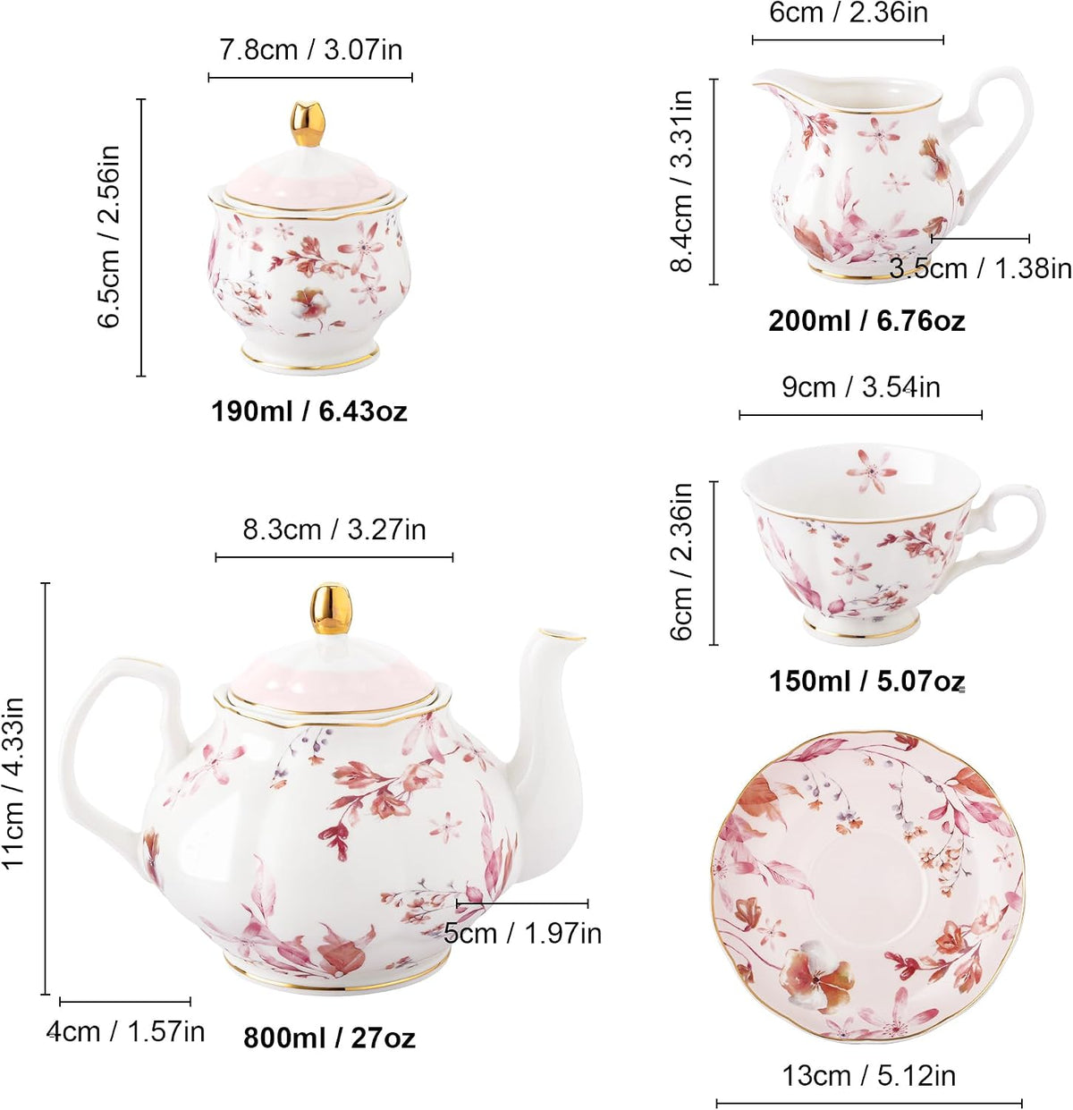 21 Pieces British Pink Autumn Leaves Floral Porcelain Tea Set