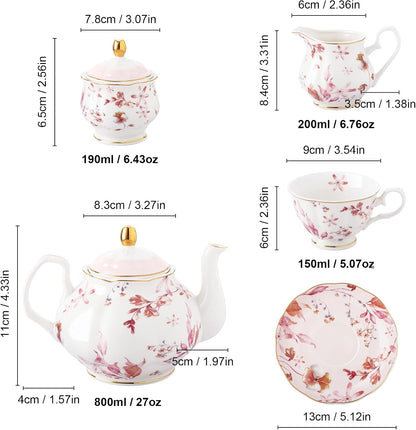 21 Pieces British Pink Autumn Leaves Floral Porcelain Tea Set