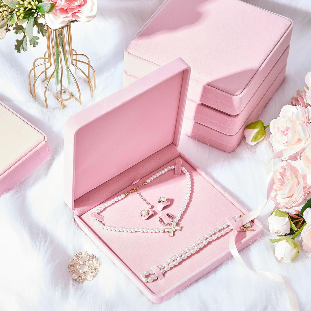 6 Pcs Jewelry Velvet Box Set, Large Necklace Gift Box for Women, Pink