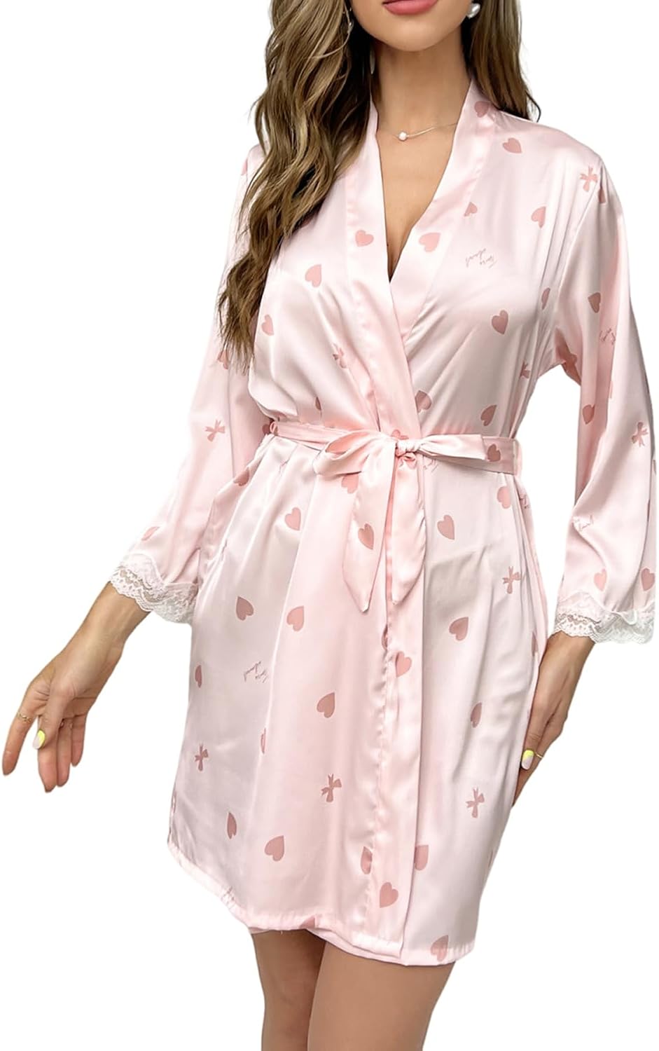 Womens Silky Stain Robe Cute Print Bathrobe V Neck Lace Trim Kimono Soft Bridal Bridesmaid Short Robes