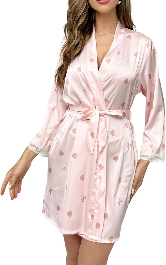 Womens Silky Stain Robe Cute Print Bathrobe V Neck Lace Trim Kimono Soft Bridal Bridesmaid Short Robes