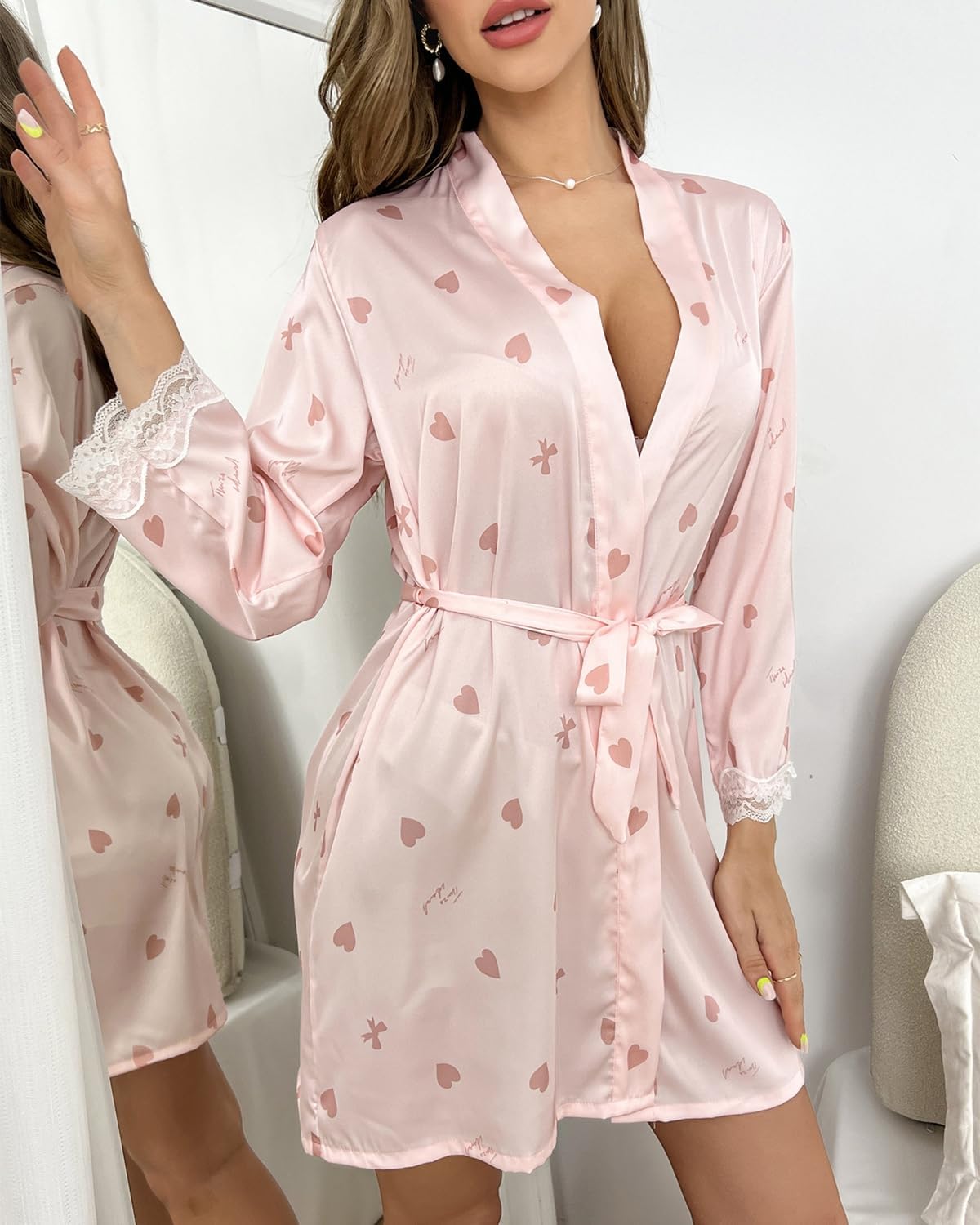 Womens Silky Stain Robe Cute Print Bathrobe V Neck Lace Trim Kimono Soft Bridal Bridesmaid Short Robes