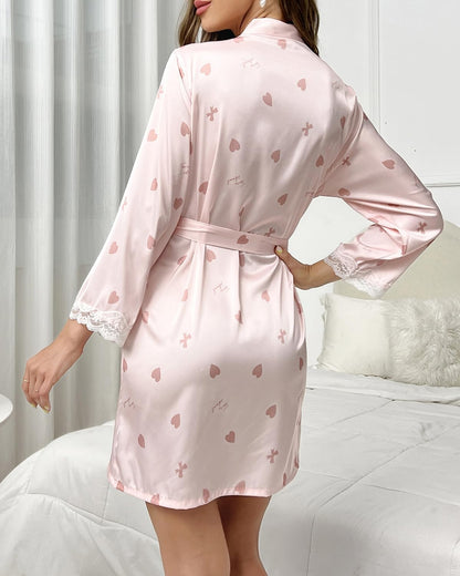 Womens Silky Stain Robe Cute Print Bathrobe V Neck Lace Trim Kimono Soft Bridal Bridesmaid Short Robes