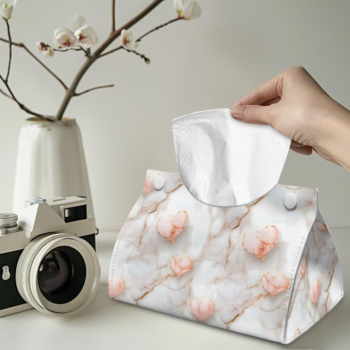 Pink Marble Heart Long PU Leather Tissue Box Cover - Classic Elegant Triangle Tissue Box Holder Decorative, Rectangle Tissue Box Holder, Tissue Holders Decorative