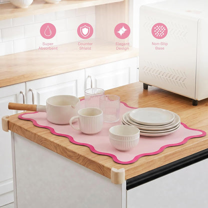 Scalloped Dish Drying Mat for Kitchen Counter, Absorbent Easy Clean Non-slip Coffee Bar Station Accessories, Trendy Cute Aesthetic Modern Drainer Kitchen Drying Mat, Pink 12" x 19"