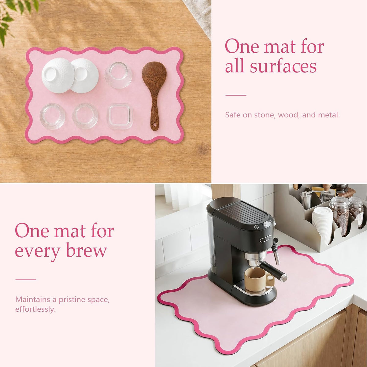 Scalloped Dish Drying Mat for Kitchen Counter, Absorbent Easy Clean Non-slip Coffee Bar Station Accessories, Trendy Cute Aesthetic Modern Drainer Kitchen Drying Mat, Pink 12" x 19"