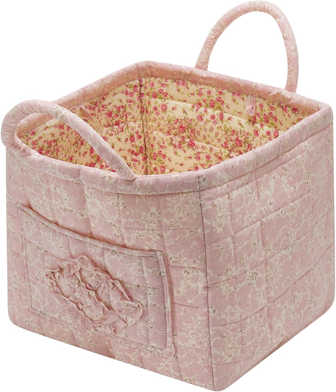 Boho Fabric Storage Basket Quilted Floral Print Baskets Organizer Bin with Handles for Home, Picnic, Shopping (Pink, L)