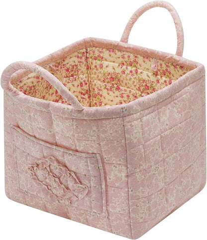 Boho Fabric Storage Basket Quilted Floral Print Baskets Organizer Bin with Handles for Home, Picnic, Shopping (Pink, L)