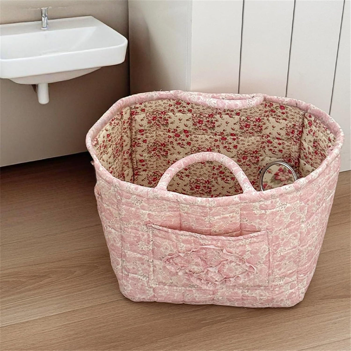 Boho Fabric Storage Basket Quilted Floral Print Baskets Organizer Bin with Handles for Home, Picnic, Shopping (Pink, L)