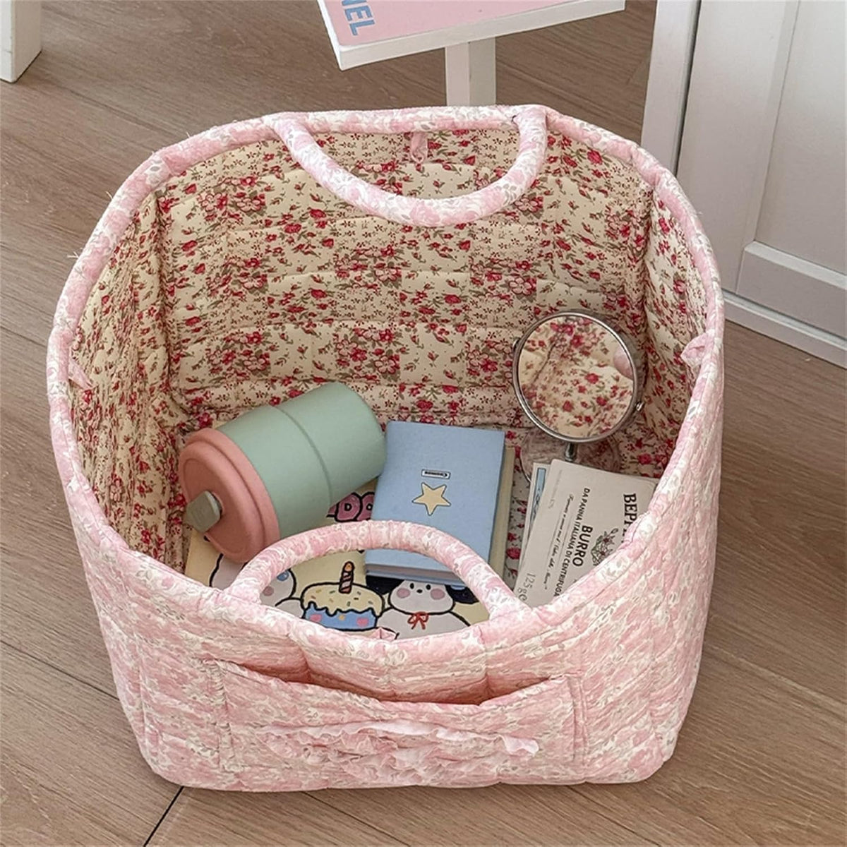 Boho Fabric Storage Basket Quilted Floral Print Baskets Organizer Bin with Handles for Home, Picnic, Shopping (Pink, L)
