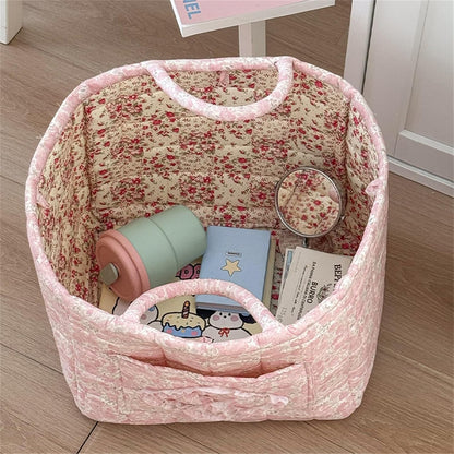 Boho Fabric Storage Basket Quilted Floral Print Baskets Organizer Bin with Handles for Home, Picnic, Shopping (Pink, L)