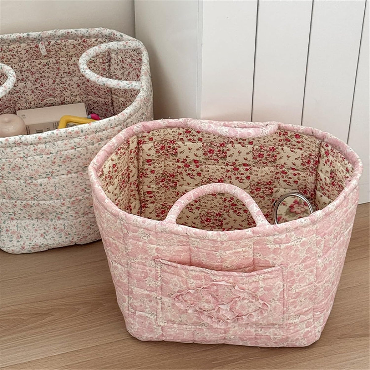Boho Fabric Storage Basket Quilted Floral Print Baskets Organizer Bin with Handles for Home, Picnic, Shopping (Pink, L)