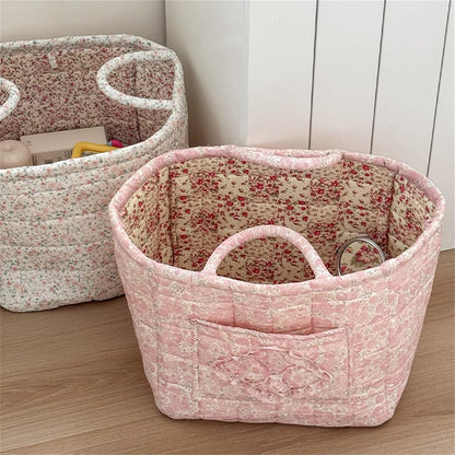 Boho Fabric Storage Basket Quilted Floral Print Baskets Organizer Bin with Handles for Home, Picnic, Shopping (Pink, L)
