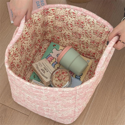 Boho Fabric Storage Basket Quilted Floral Print Baskets Organizer Bin with Handles for Home, Picnic, Shopping (Pink, L)
