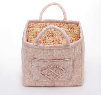 Boho Fabric Storage Basket Quilted Floral Print Baskets Organizer Bin with Handles for Home, Picnic, Shopping (Pink, L)