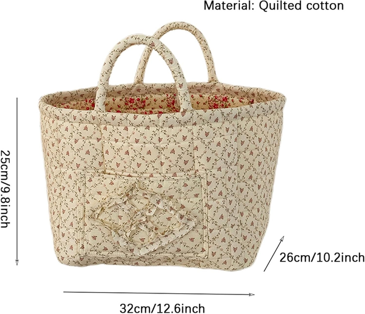Boho Fabric Storage Basket Quilted Floral Print Baskets Organizer Bin with Handles for Home, Picnic, Shopping (Pink, L)