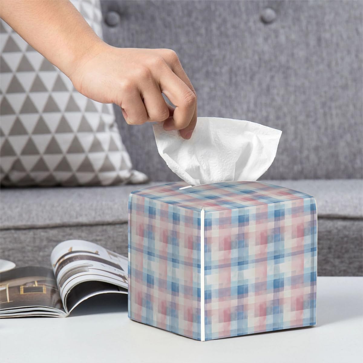 Pink Blue Checkerboard Tissue Box Cover Square Leather Waterproof Tissue Box Holder for Home Office
