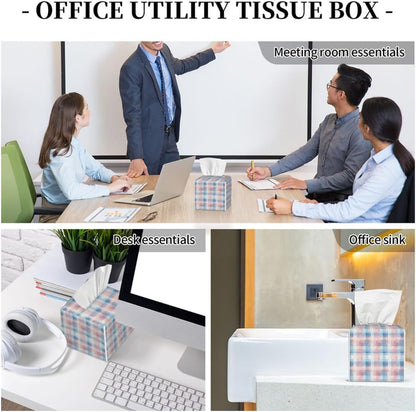 Pink Blue Checkerboard Tissue Box Cover Square Leather Waterproof Tissue Box Holder for Home Office