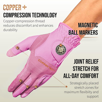Copper Tech Plus Ladies Golf Gloves Women (2nd Gen) | Copper Compression Joint Support with Flexible & Comfortable Fit | Tacky Silicone Pad