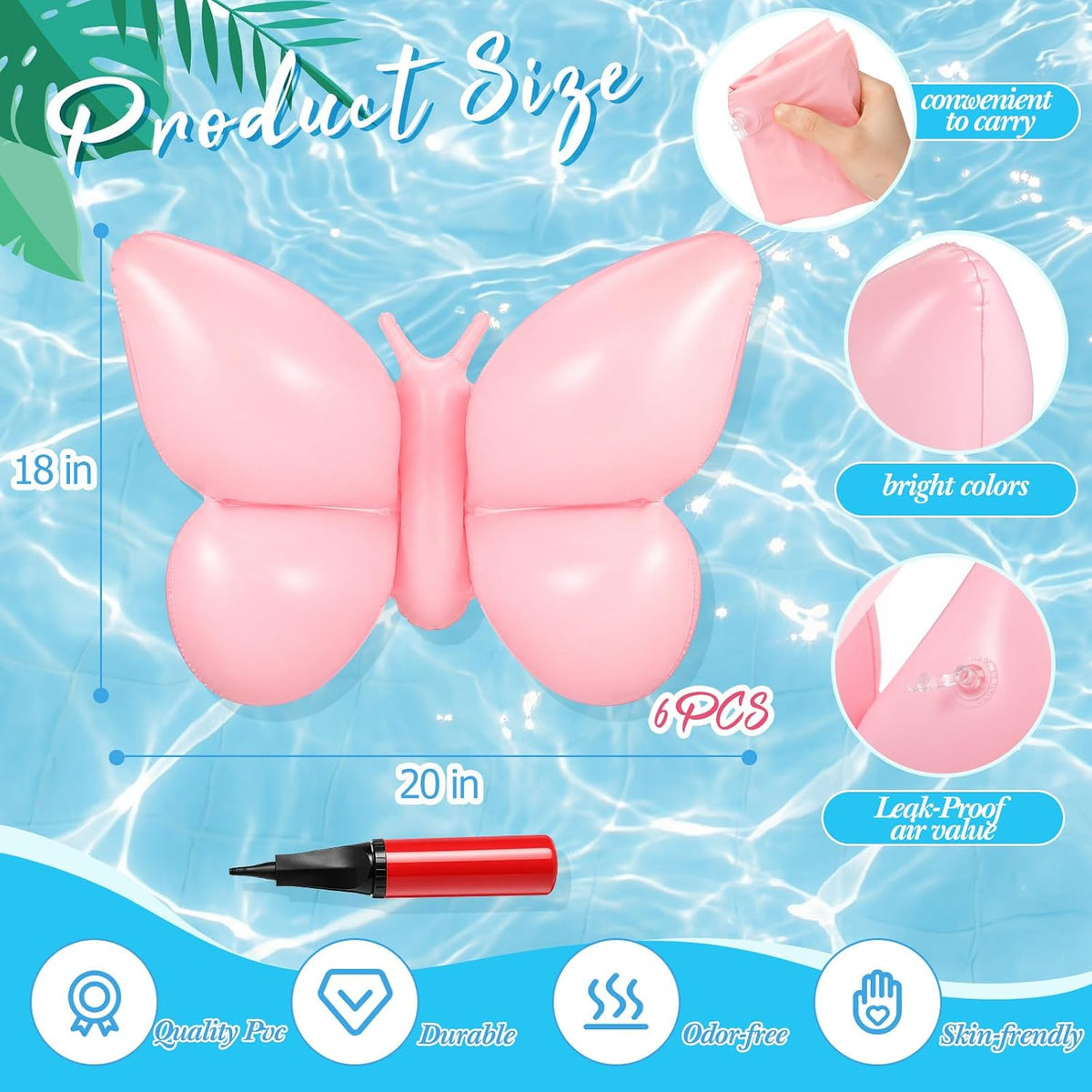 6 Pcs Inflatable Butterfly Pool Floats with Pump, Pink