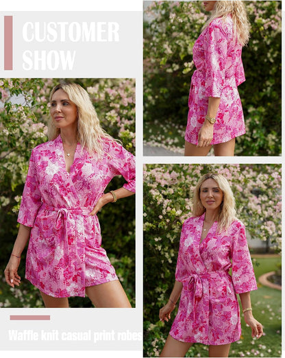 Robes for Women Lightweight Waffle Bath Robe Floral Loungewear