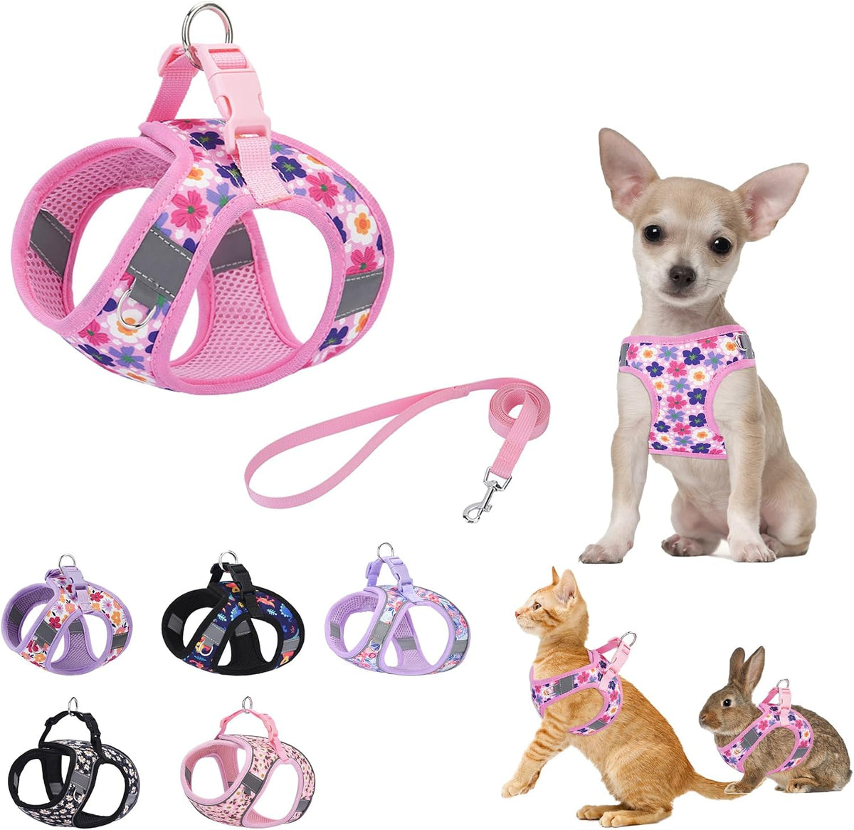 Small Dog Harness Cute Pink Flowers Step in Vest Harness