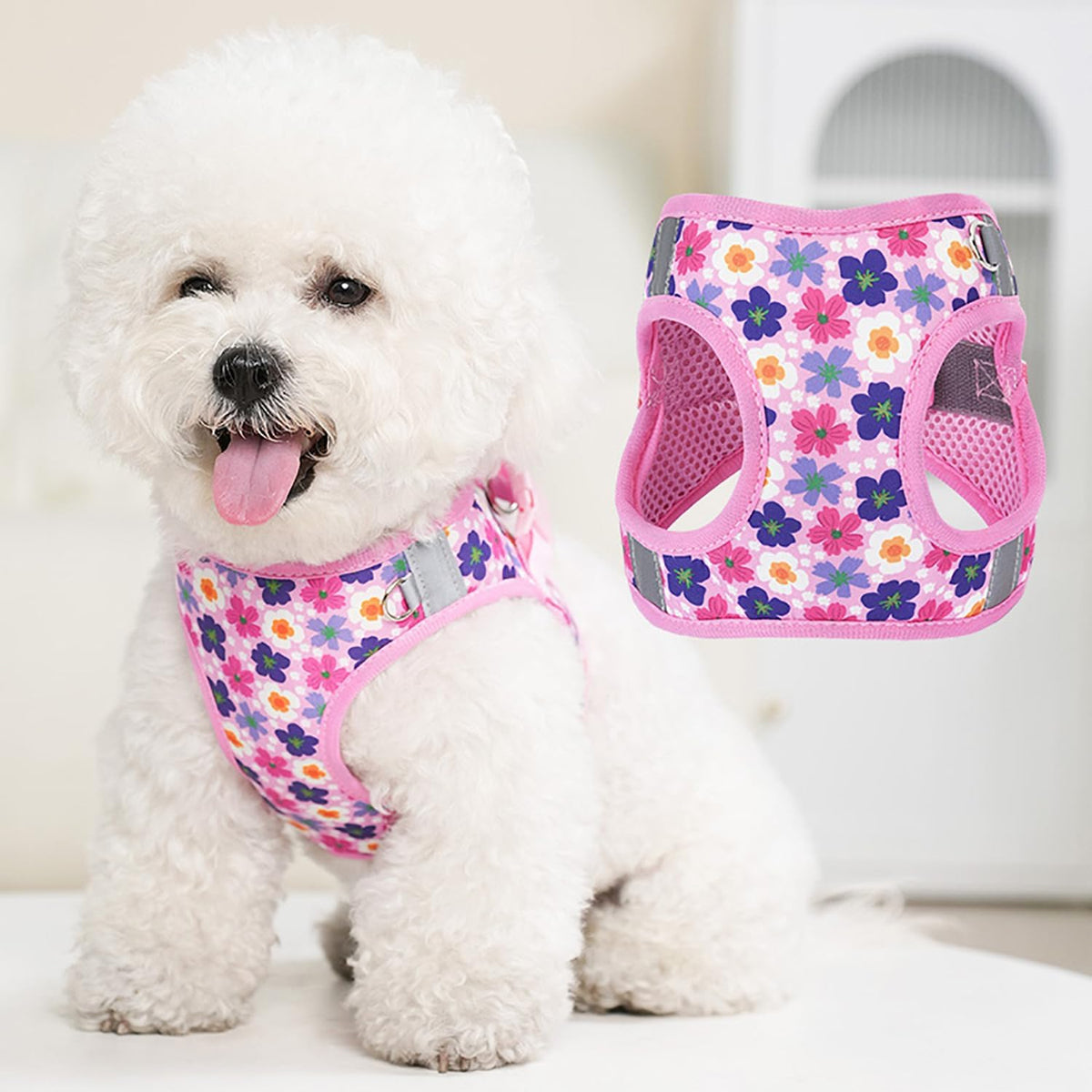 Small Dog Harness Cute Pink Flowers Step in Vest Harness