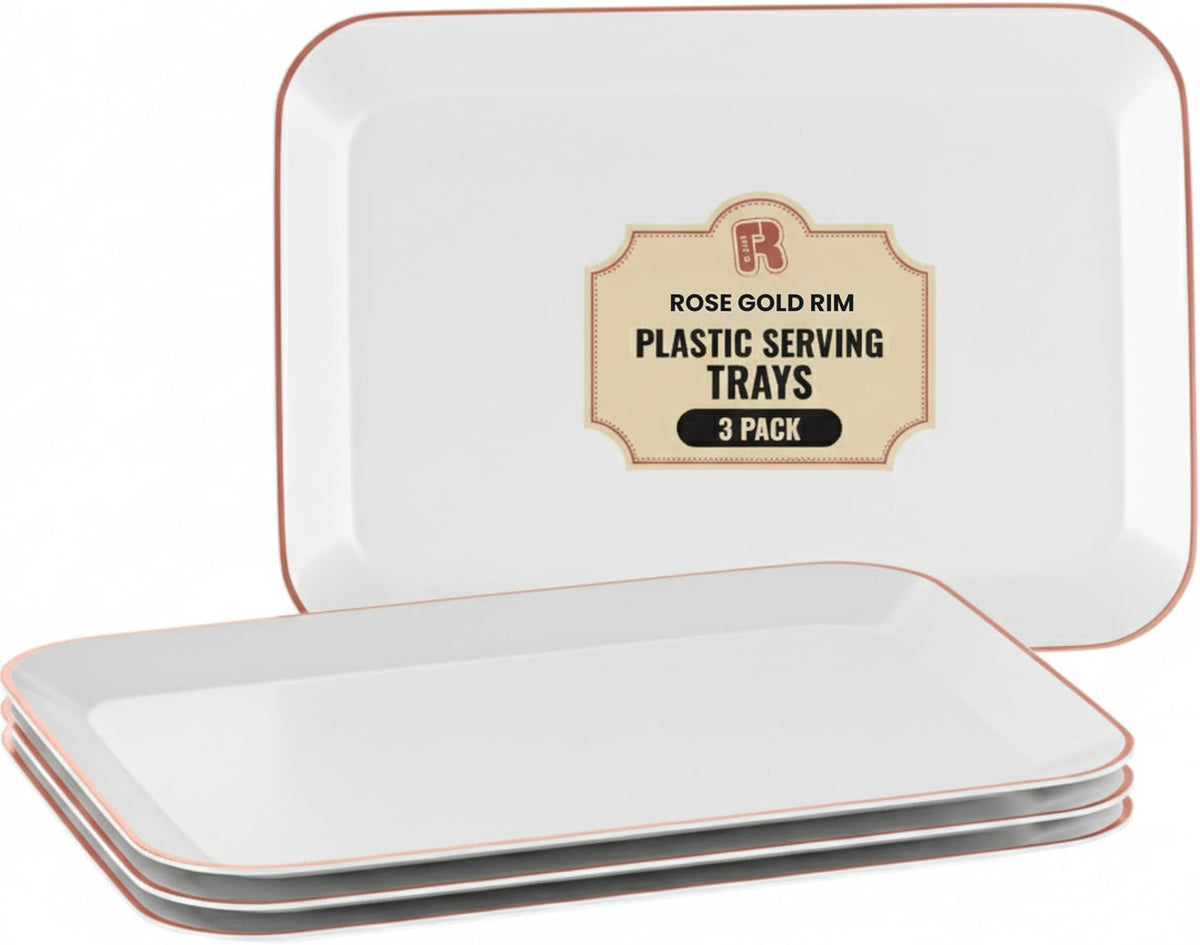 3 Pack Rose Gold Plastic Serving Trays for Party - Rose Gold Serving Tray 8 x 11 Inch - Heavy Duty Dessert Trays for Food - Rectangular Party Serving Trays for Entertaining