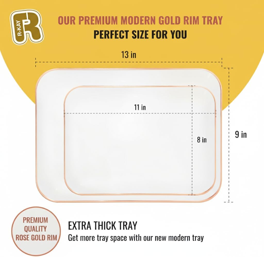 3 Pack Rose Gold Plastic Serving Trays for Party - Rose Gold Serving Tray 8 x 11 Inch - Heavy Duty Dessert Trays for Food - Rectangular Party Serving Trays for Entertaining