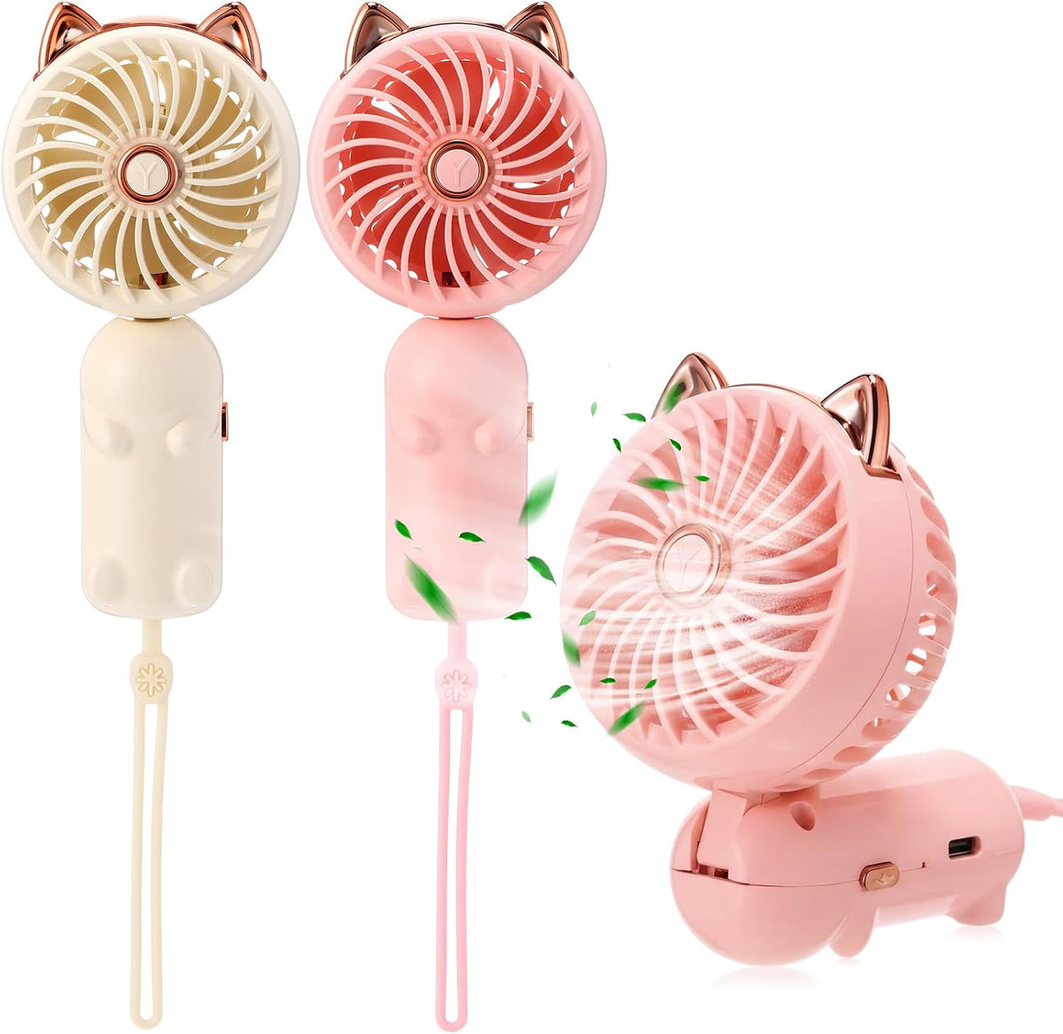 2 Pcs Mini Handheld Fan Cat, Pink, Beige