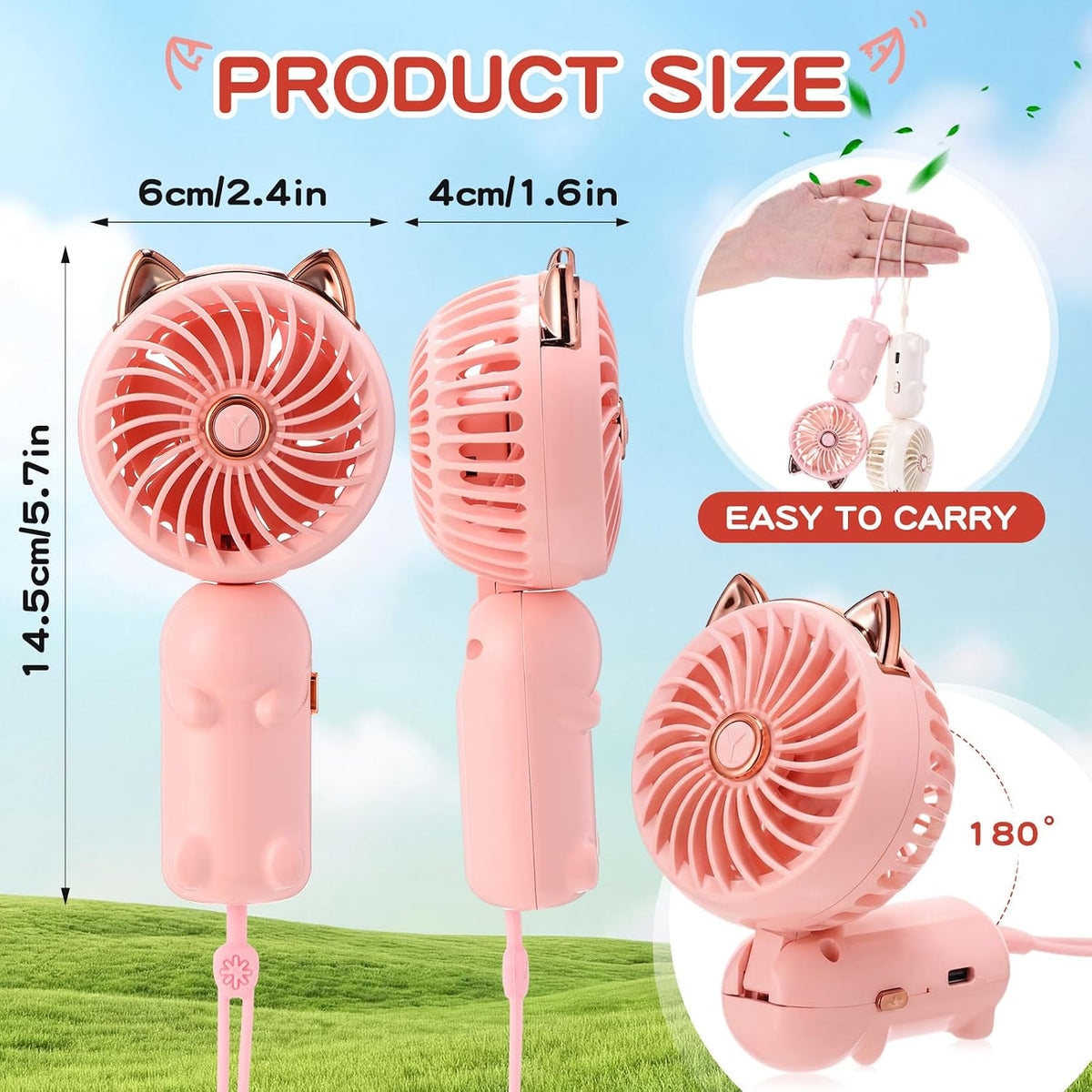 2 Pcs Mini Handheld Fan Cat, Pink, Beige