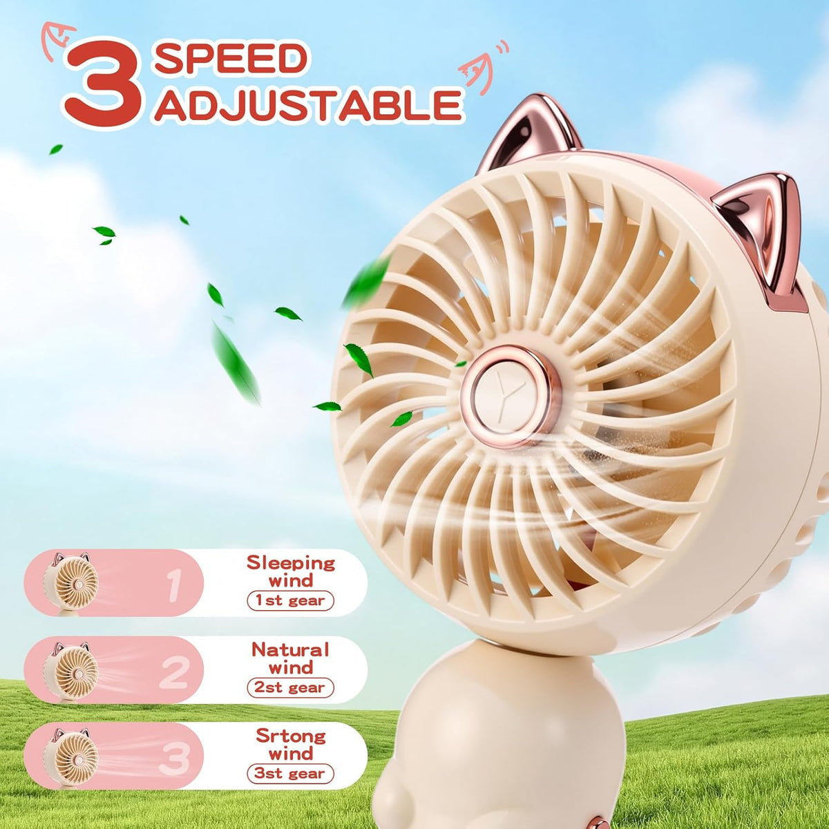 2 Pcs Mini Handheld Fan Cat, Pink, Beige
