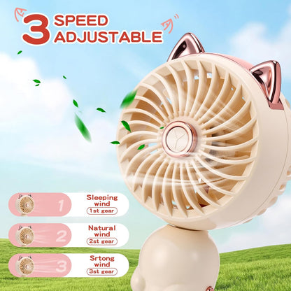 2 Pcs Mini Handheld Fan Cat, Pink, Beige