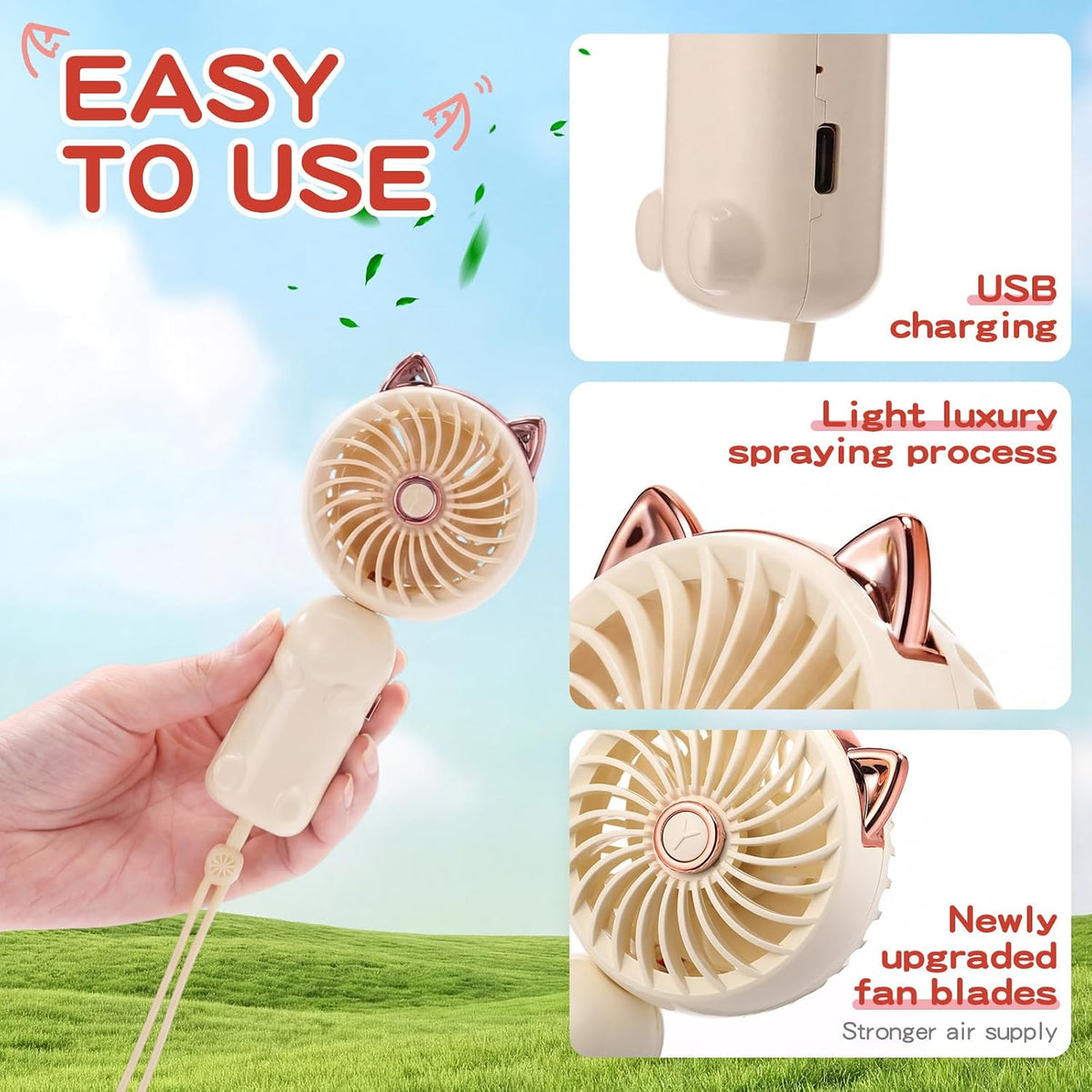 2 Pcs Mini Handheld Fan Cat, Pink, Beige