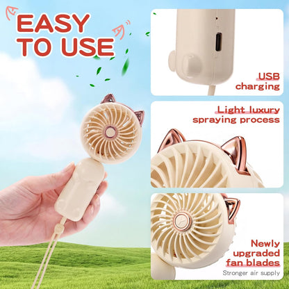 2 Pcs Mini Handheld Fan Cat, Pink, Beige